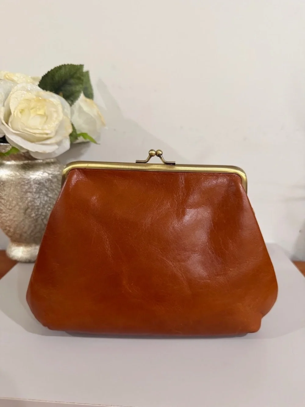 Patricia Nash Savena Framed Kisslock Clutch Wristlet Brown Leather Handbag